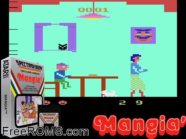 Mangia Atari game showing 3D box cover and gameplay screenshot