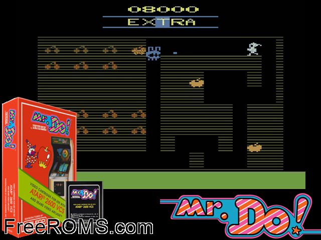 Mr. Do! Atari game showing 3D box cover and gameplay screenshot