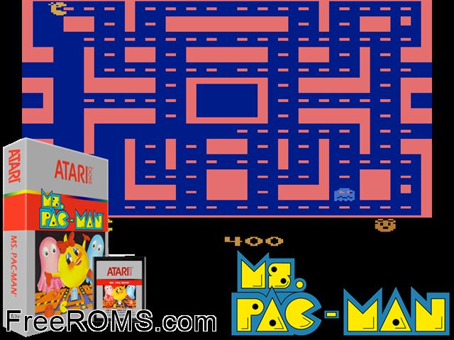 Ms. Pac Man Atari game showing 3D box cover and gameplay screenshot