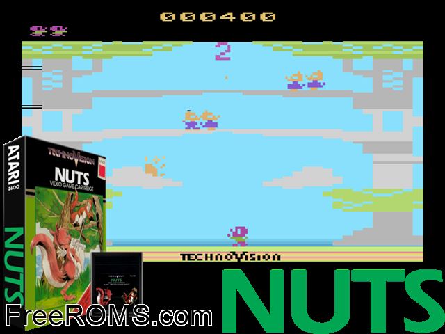 Nuts Atari game showing 3D box cover and gameplay screenshot
