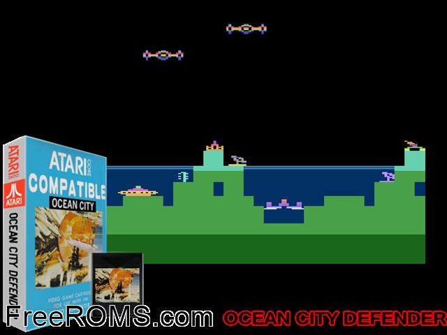 Ocean City Defender Atari game showing 3D box cover and gameplay screenshot