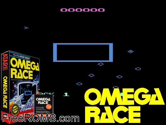 Omega Race Atari game showing 3D box cover and gameplay screenshot