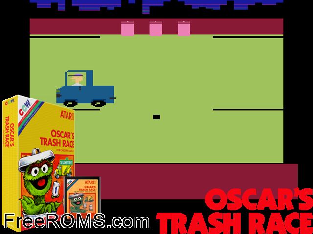 Oscar's Trash Race Atari game showing 3D box cover and gameplay screenshot