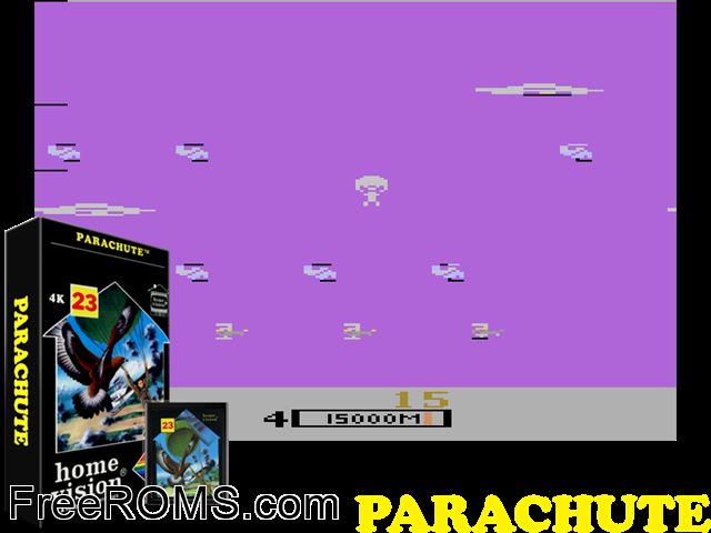 Parachute Atari game showing 3D box cover and gameplay screenshot