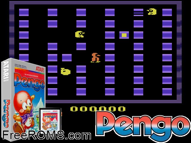 Pengo Atari game showing 3D box cover and gameplay screenshot