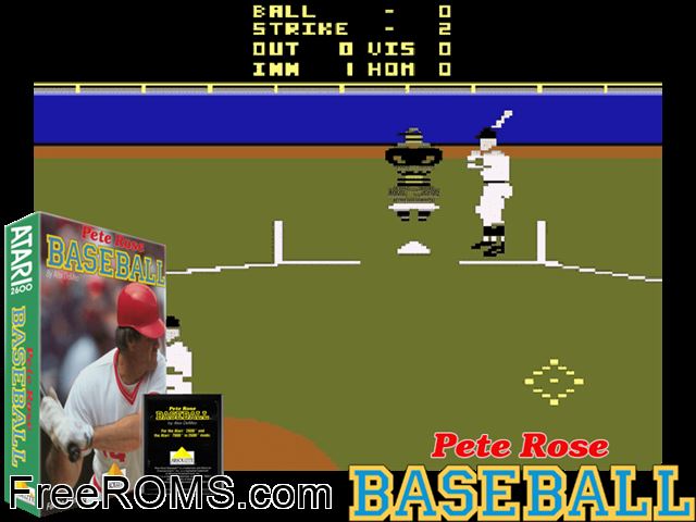 Pete Rose Baseball Atari game showing 3D box cover and gameplay screenshot