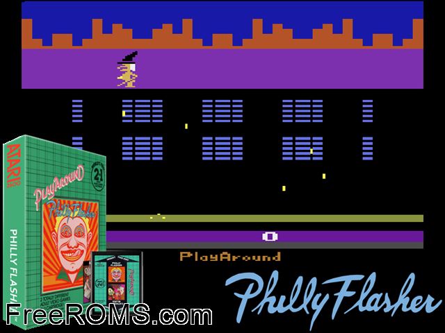Philly Flasher Atari game showing 3D box cover and gameplay screenshot