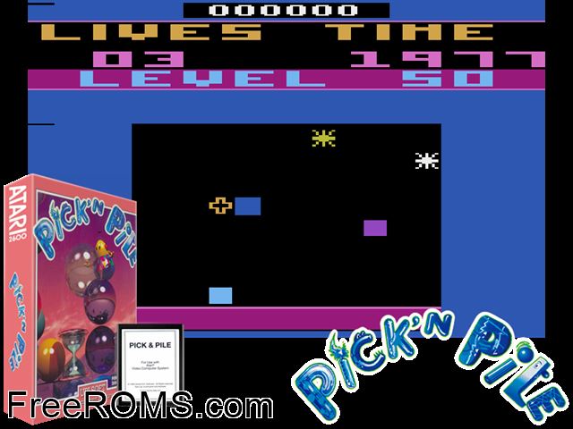 Pick 'N' Pile Atari game showing 3D box cover and gameplay screenshot