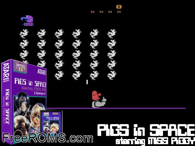 Pigs in Space Atari game showing 3D box cover and gameplay screenshot
