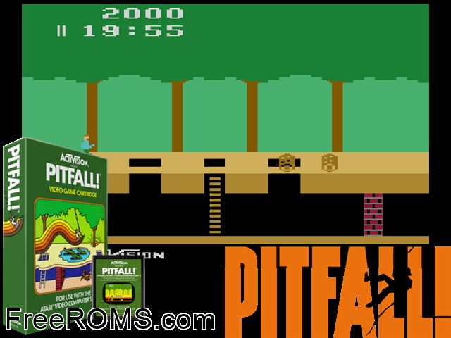 Pitfall! Atari game showing 3D box cover and gameplay screenshot