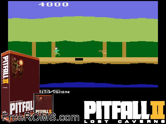Pitfall II: Lost Caverns Atari game showing 3D box cover and gameplay screenshot