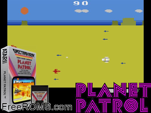 Planet Patrol Atari game showing 3D box cover and gameplay screenshot