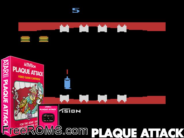 Plaque Attack Atari game showing 3D box cover and gameplay screenshot