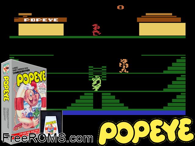 Popeye Atari game showing 3D box cover and gameplay screenshot