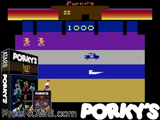 Porky's Atari game showing 3D box cover and gameplay screenshot