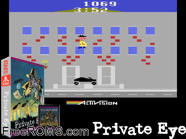 Private Eye Atari game showing 3D box cover and gameplay screenshot