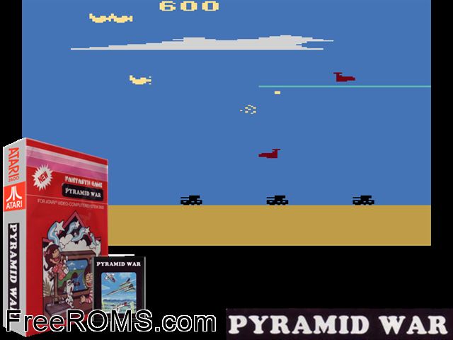 Pyramid War Atari game showing 3D box cover and gameplay screenshot