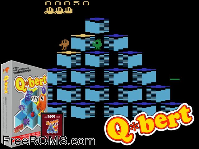 Q*Bert Atari game showing 3D box cover and gameplay screenshot