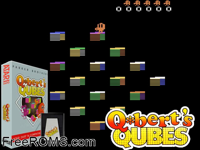 Q*Bert Qubes Atari game showing 3D box cover and gameplay screenshot