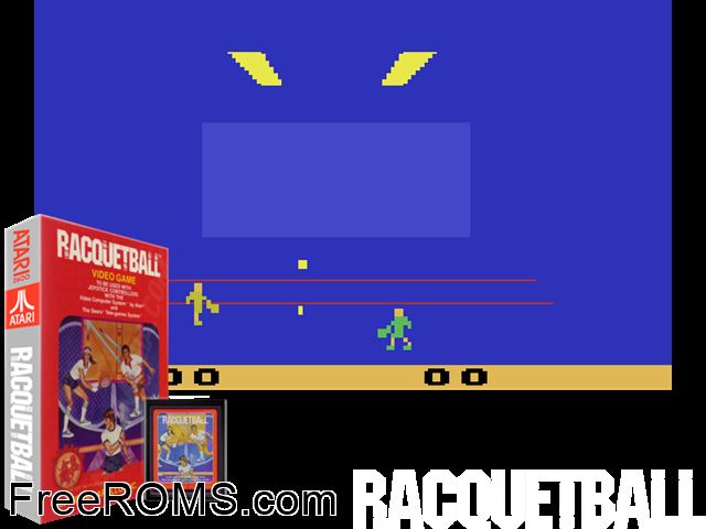Racquetball Atari game showing 3D box cover and gameplay screenshot