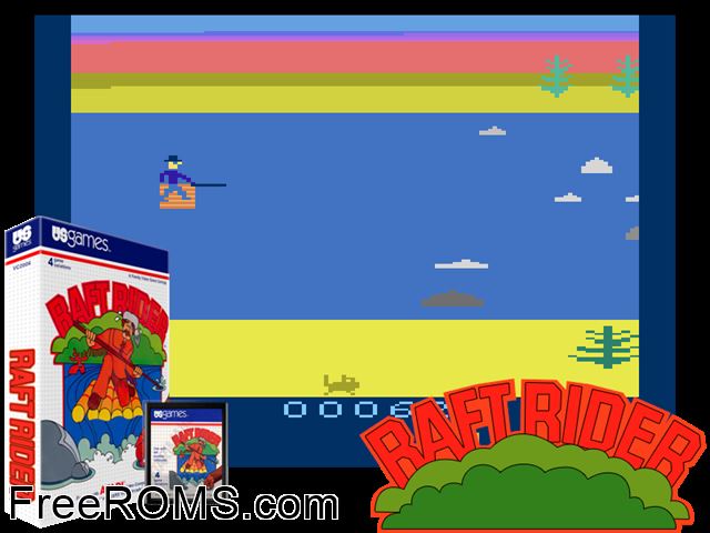 Raft Rider Atari game showing 3D box cover and gameplay screenshot