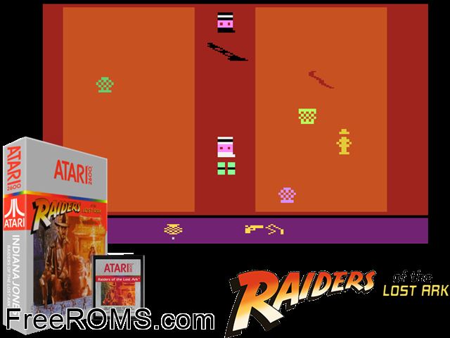 Raiders of the Lost Ark Atari game showing 3D box cover and gameplay screenshot