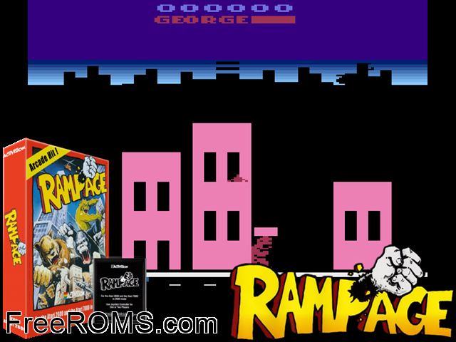 Rampage! Atari game showing 3D box cover and gameplay screenshot