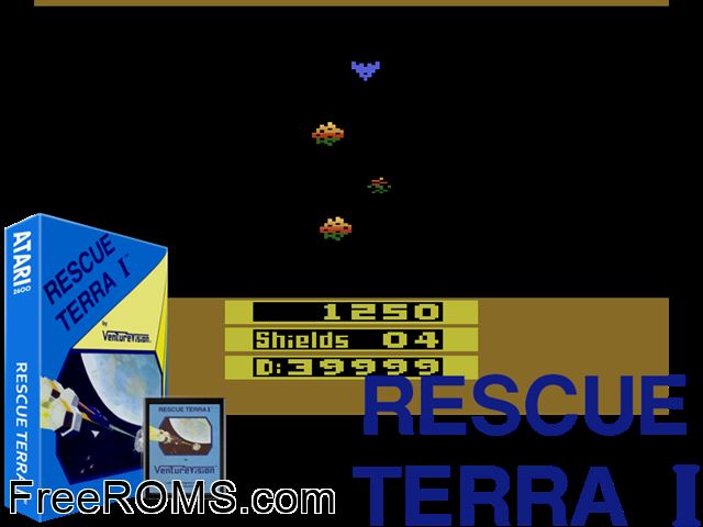 Rescue Terra I Atari game showing 3D box cover and gameplay screenshot