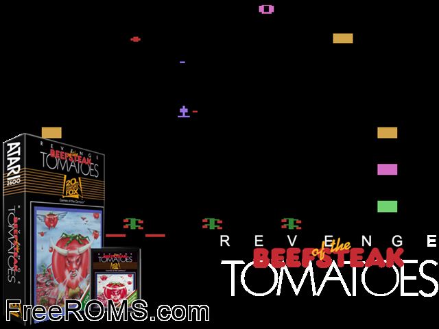 Revenge of the Beefsteak Tomatoes Atari game showing 3D box cover and gameplay screenshot