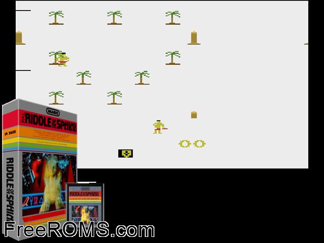 Riddle of the Sphinx Atari game showing 3D box cover and gameplay screenshot