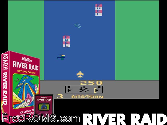 River Raid Atari game showing 3D box cover and gameplay screenshot