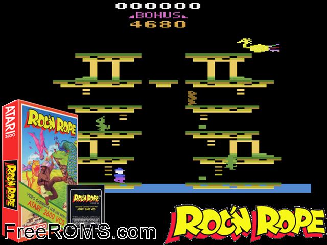 Roc 'n' Rope Atari game showing 3D box cover and gameplay screenshot