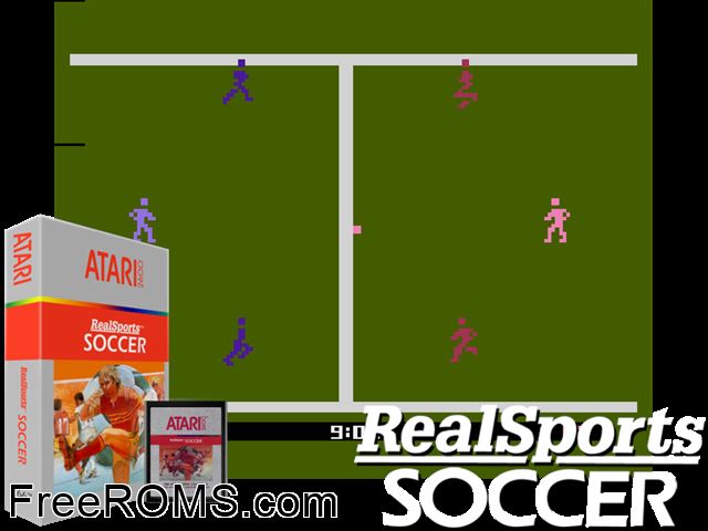 RealSports Soccer Atari game showing 3D box cover and gameplay screenshot