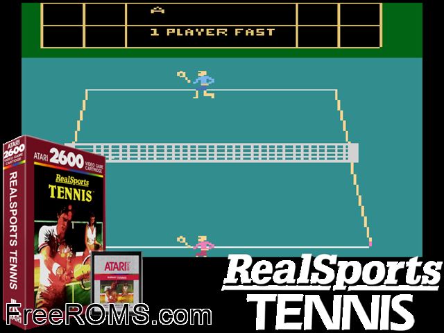 RealSports Tennis Atari game showing 3D box cover and gameplay screenshot