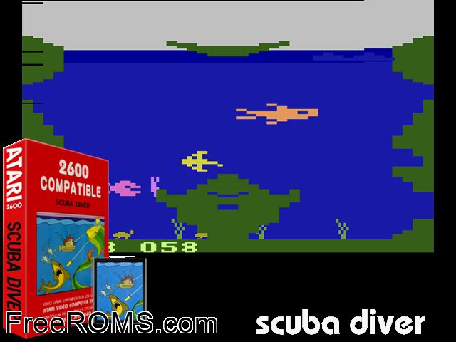 Scuba Diver Atari game showing 3D box cover and gameplay screenshot