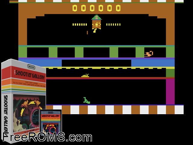 Shootin' Gallery Atari game showing 3D box cover and gameplay screenshot