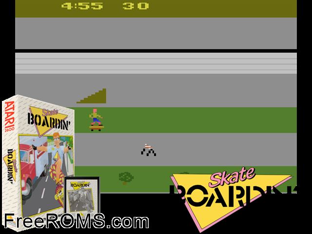 Skateboardin' Atari game showing 3D box cover and gameplay screenshot