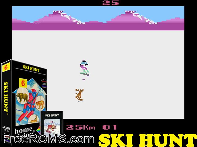 Ski Hunt Atari game showing 3D box cover and gameplay screenshot