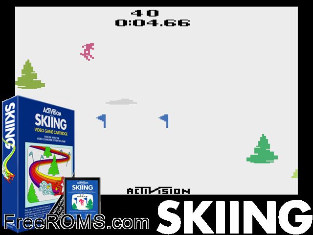 Skiing Atari game showing 3D box cover and gameplay screenshot