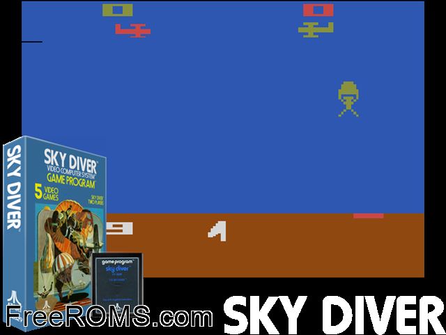 Sky Diver Atari game showing 3D box cover and gameplay screenshot