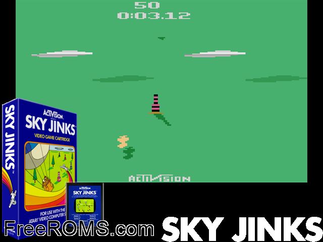 Sky Jinks Atari game showing 3D box cover and gameplay screenshot