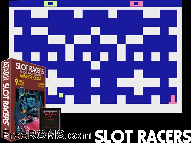 Slot Racers Atari game showing 3D box cover and gameplay screenshot