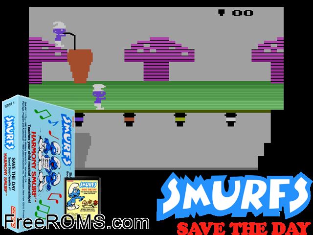 Smurfs Save the Day Atari game showing 3D box cover and gameplay screenshot