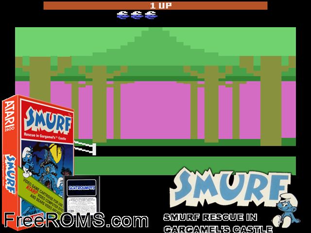 Smurf Rescue in Gargamel's Catle Atari game showing 3D box cover and gameplay screenshot