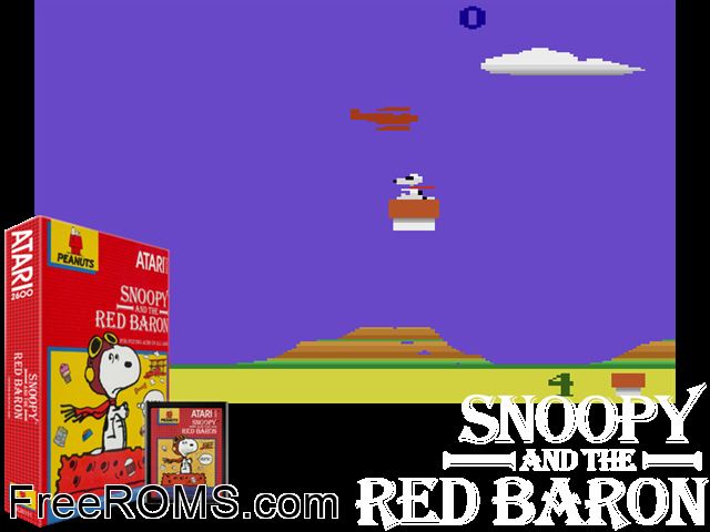 Snoopy and the Red Baron Atari game showing 3D box cover and gameplay screenshot