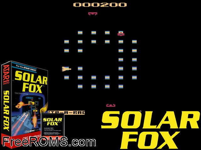 Solar Fox Atari game showing 3D box cover and gameplay screenshot