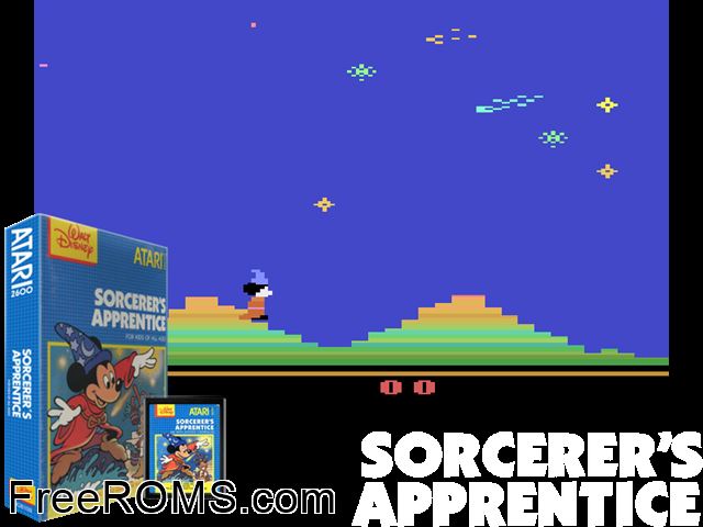 Sorcerer's Apprentice Atari game showing 3D box cover and gameplay screenshot