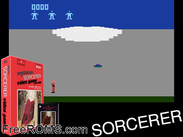 Sorcerer Atari game showing 3D box cover and gameplay screenshot