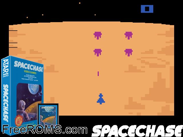 Spacechase Atari game showing 3D box cover and gameplay screenshot