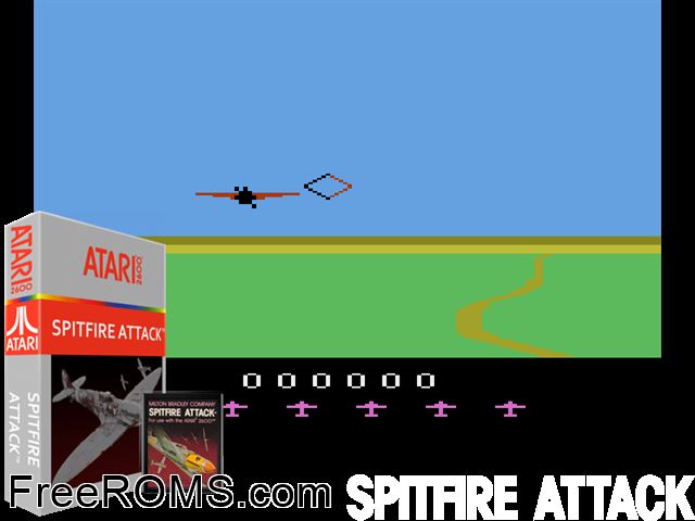 Spitfire Attack Atari game showing 3D box cover and gameplay screenshot